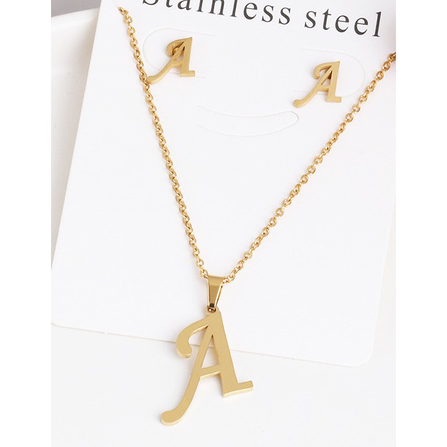LRC Kalung Abjad Fashion A Gold Stainless Steel Letter Necklace Earrings Two-piece A-N