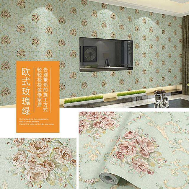 Wallpaper Dinding Motif Batik Shabby dasar Tosca