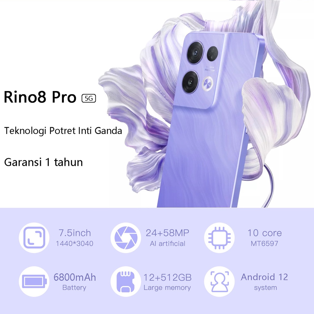 [Produk Baru HP] Beli 1 Gratis 1 hp murah Rino8 PRO+ Handphone Asli 7.5Inci 12GB RAM+512GB ROM HD Kamera Dual SIM Dual 5G WiFi Smartphone Bisa COD