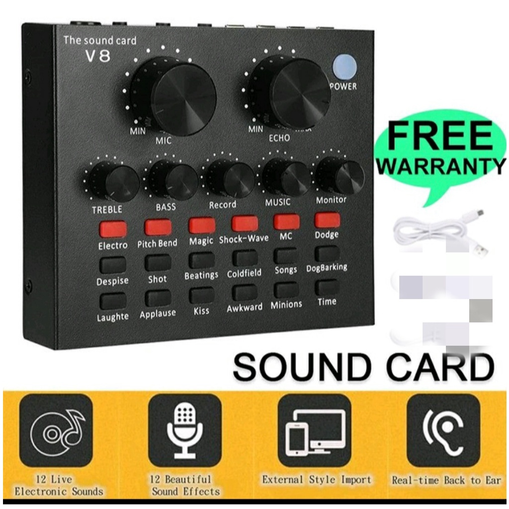 ORIGINAL BIG BASS SOUND CARD V8 MIXER EXTERNAL AUDIO MICROPHONE POWER EQUALIZER