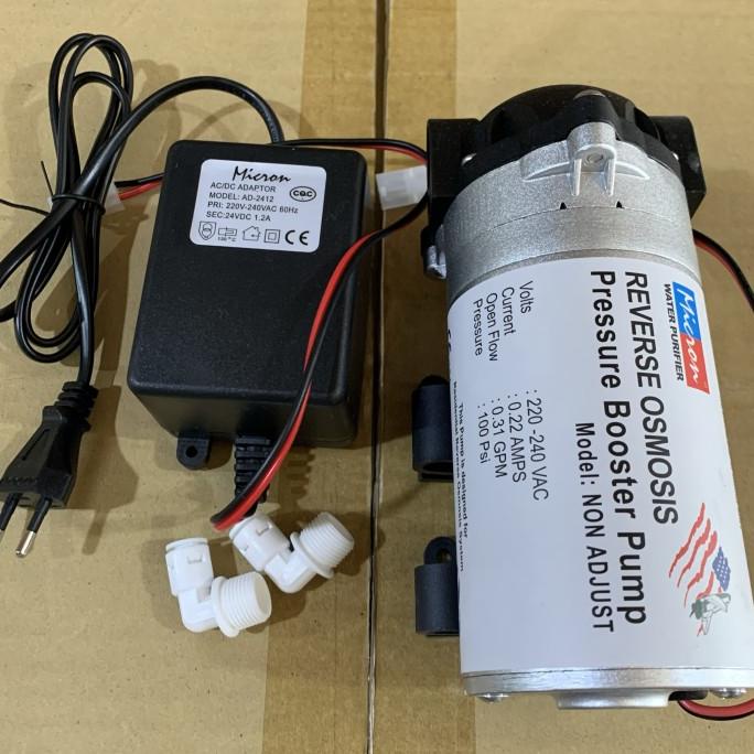 ~~~~~] Pompa Booster RO / Booster Pump RO Micron 24v + adaptor + Elbow