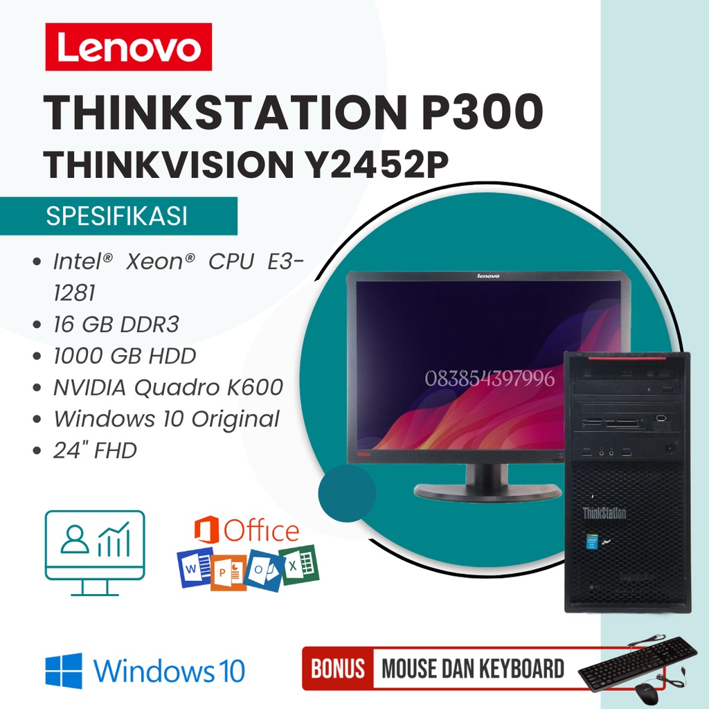 LENOVO THINKSTATION P300 (LENGKAP 1 SET MONITOR 24 INCH + PC) - INTEL XEON E3-1281 - 16GB RAM - HDD 1TB - VGA NVIDIA QUADRO - WINDOWS 10 ORIGINAL - FREE MOUSE &amp; KEYBOARD - LED THINKVISION T2452P - TEKNO KITA