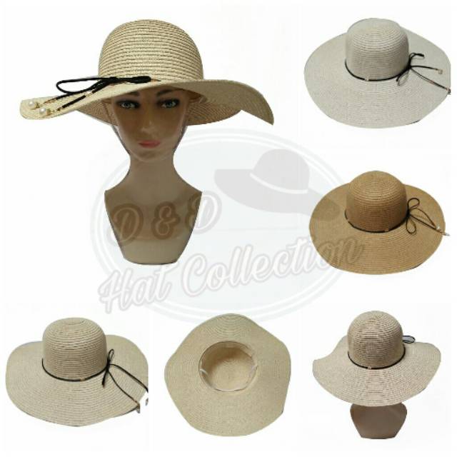 Topi Pantai Lebar Import Tali Kulit Hitam Mutiara Topi Fashion Wanita