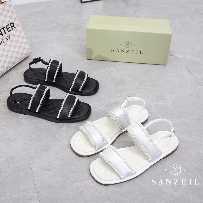 0166 Sanzeil Pearl - Sandal Flat Wanita Tali Mutiara Import