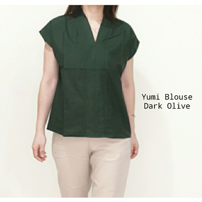 Blouse Atasan Wanita Lengan Pendek Katun Uniqlo, Yumi Blouse#-Yumi Dark Olive