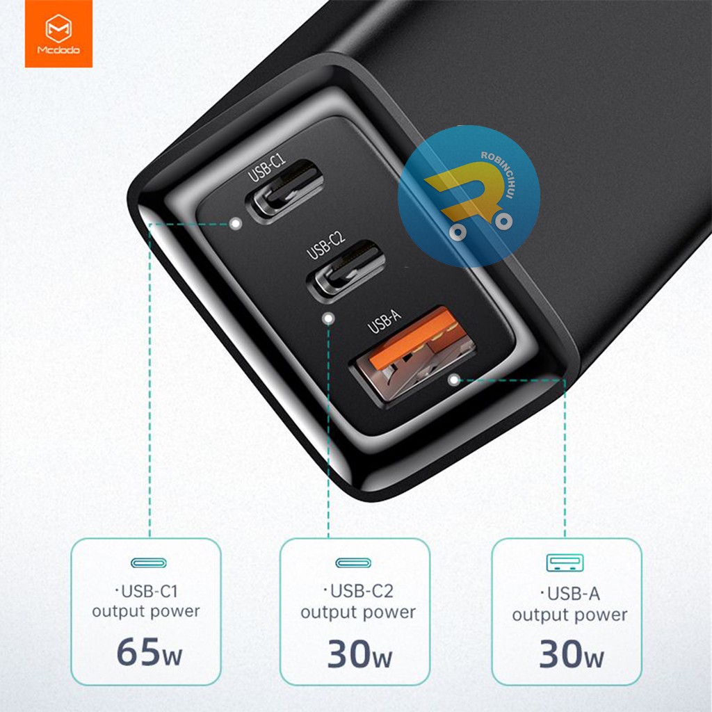 MCDODO Adaptor GAN 65 Watt Charger Triple (3) Slot Fast Charging VOOC - QC3.0 - QC4.0 - Aplle 2.4a, Iphone Fast Charging - Adaptive Fast Charging(AFC) - FCP - SCP Charger Samsung - Adaptor oppo - Adaptor Samsung - Adaptor Vivo - Adaptor Xiaomi