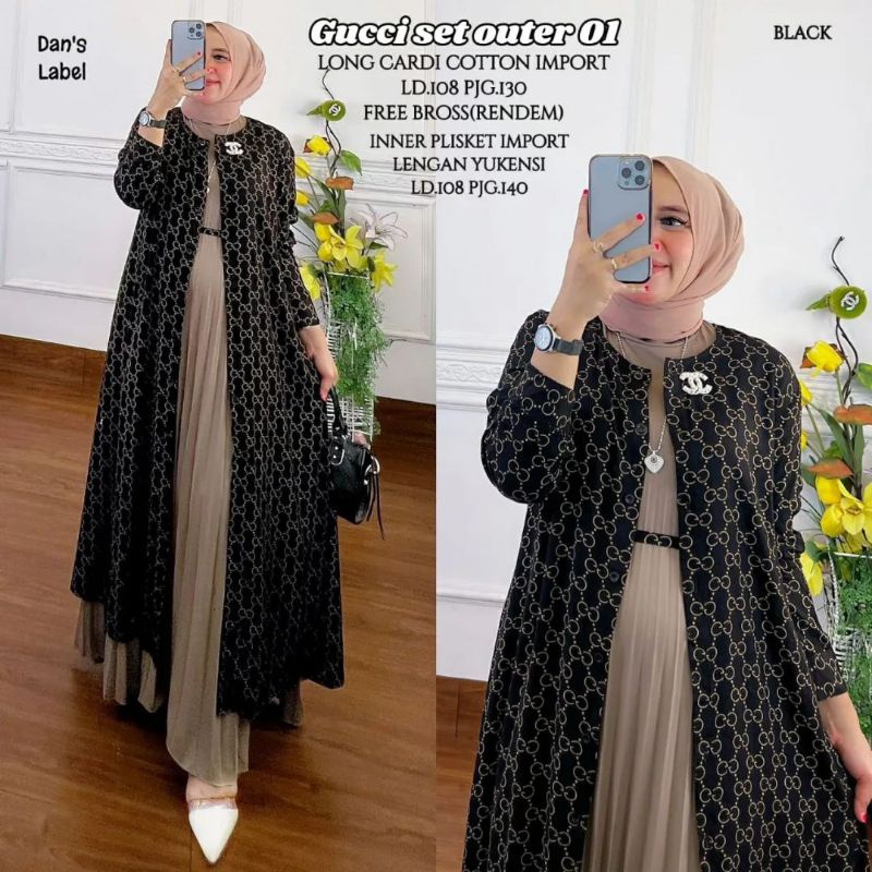 Cod Gucci Set Outer/pakaian wanita/baju muslim/gamis adem/gamis ibu muda/gamis ld 110/gamis cardi le