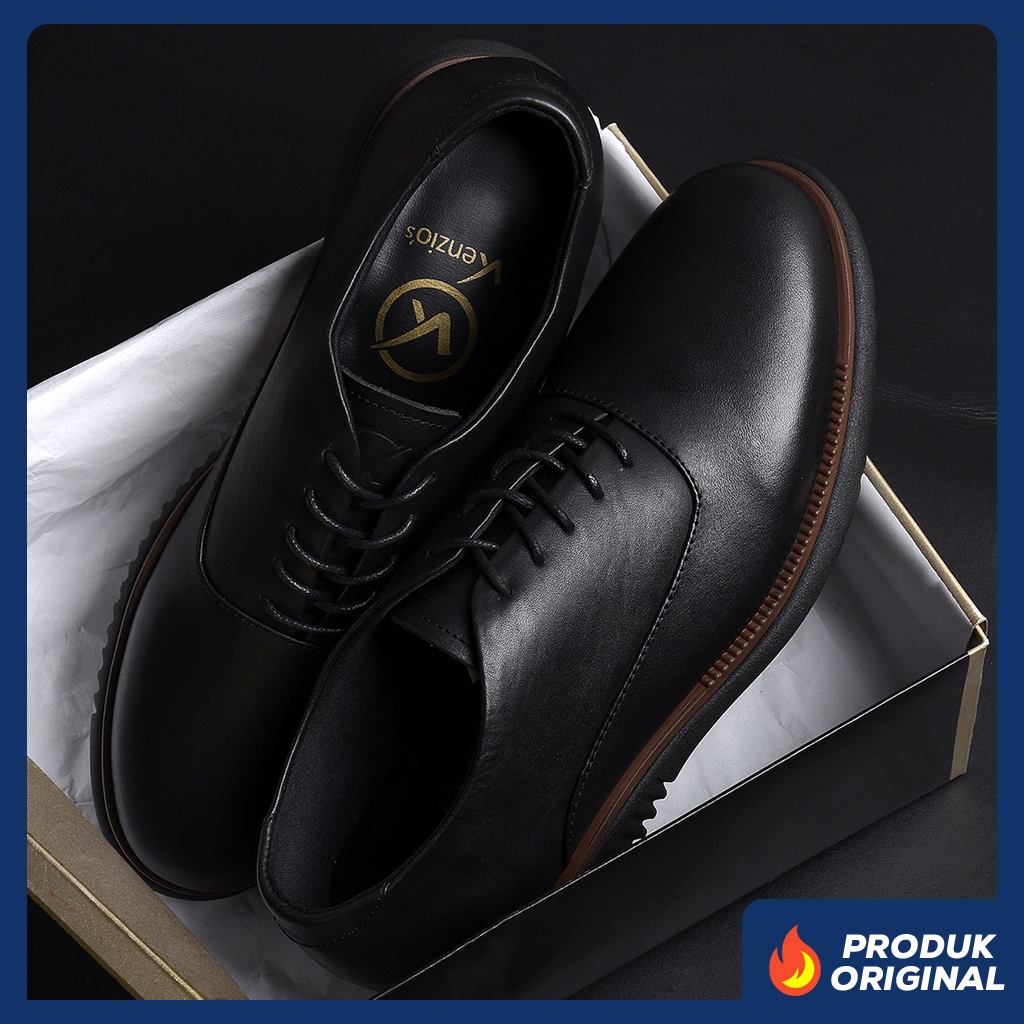 LONDON 2.0 BLACK ORIGINAL x KENZIOS Sepatu Formal Kulit Sapi Asli Pantofel Tali Hitam Pria Kerja Kantor Resmi Kantoran Wisuda Kuliah Pesta Wedding Kondangan Nikah Casual Derby Genuine Leather Oxford Kenzio Footwear Big Size Ukuran Jumbo 44 Keren Terbaru