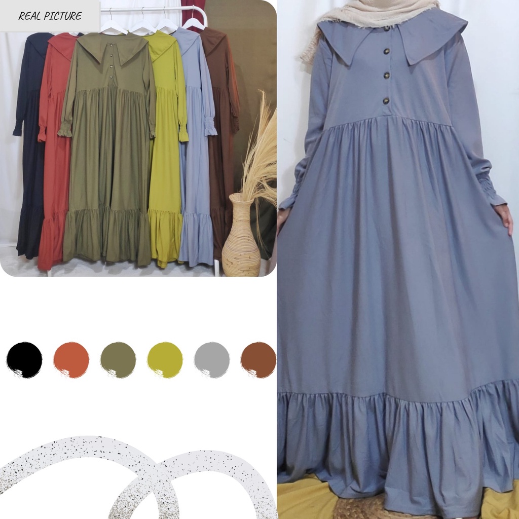 Dailythings Gamis Adisthi BUSUI Kerah Korea Rempel Ukuran Fit L sampai XXL LD 120cm Pjg 135cm