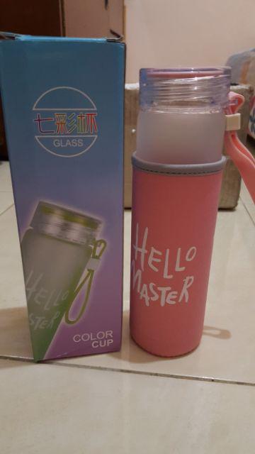 Botol Minum Kaca B-72 - Botol Minum Hello Master + Free Pouch