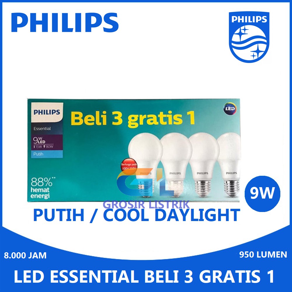 Lampu Philips LED Essential Multipack 9W Putih (Paket 9 W Watt Beli 3 Gratis 1) Bundling Ess 9Watt