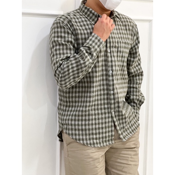 Uniqlo Long Sleeve Plaid Flannel Shirt kemeja pria-UNQ Plaid Army