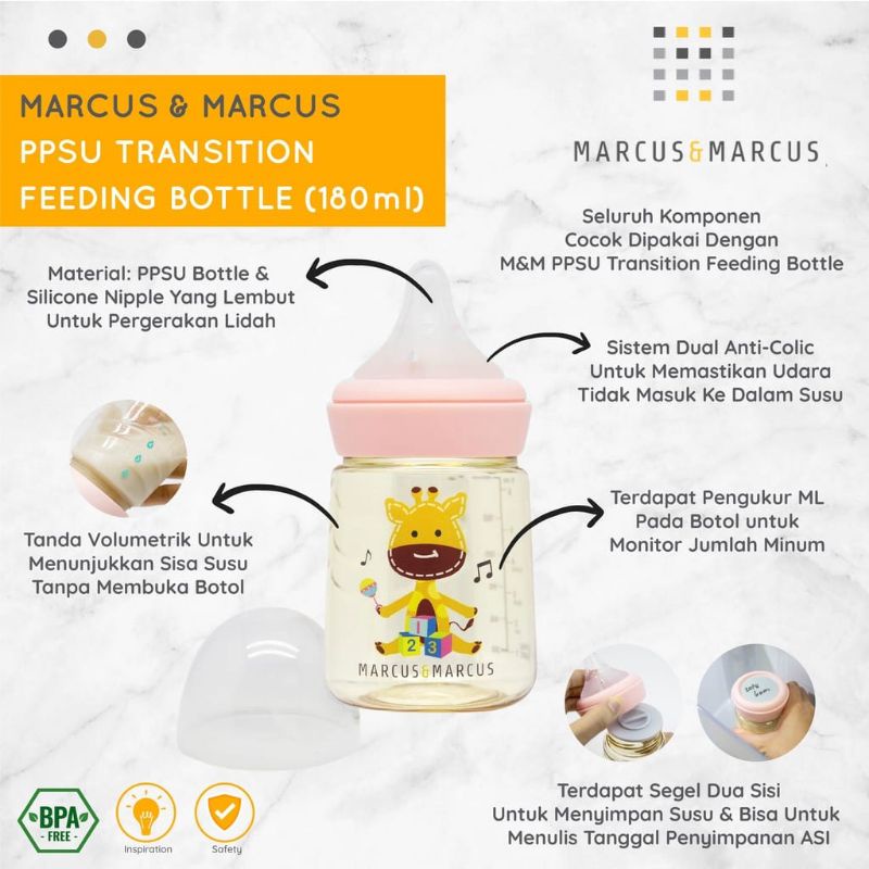 Marcus &amp; Marcus PPSU Transition Feeding Bottle 180 ml &amp; 300 ml - Botol Susu Anak