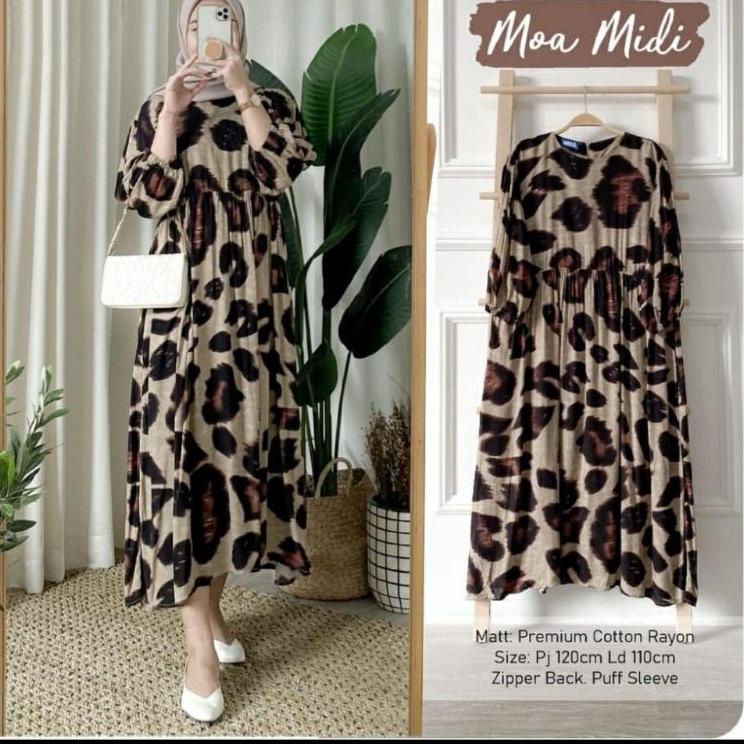 ぞ MOA MIDI DRESS RAYON MOTIF LEOPARD MACAN LONG TUNIK VIRAL KEKINIAN BAJU REMAJA DAILY OUTFIT TERBAR