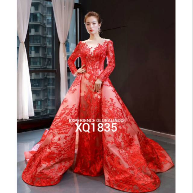 Gaun Pengantin Premium Lengan Panjang Merah XQ1835