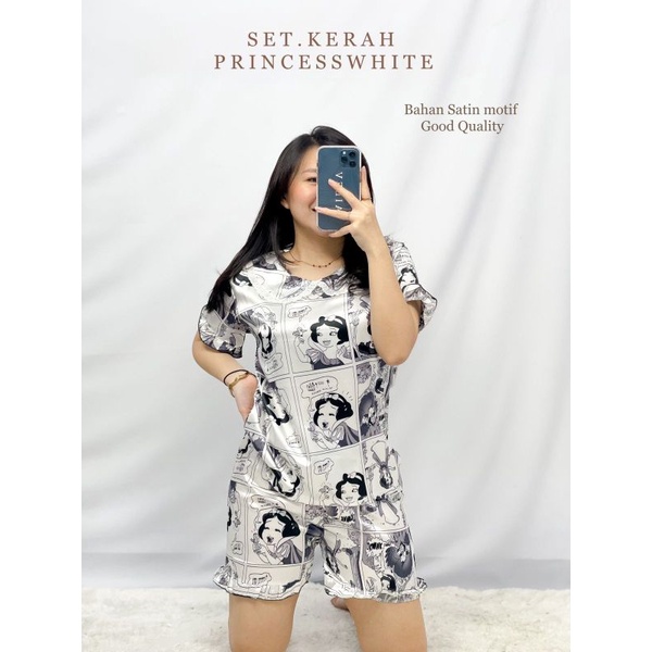 MDLV ~ Baju Tidur Set Kerah Princess White HP Set Baju Tidur Dewasa Celana Pendek Fashion Wanita