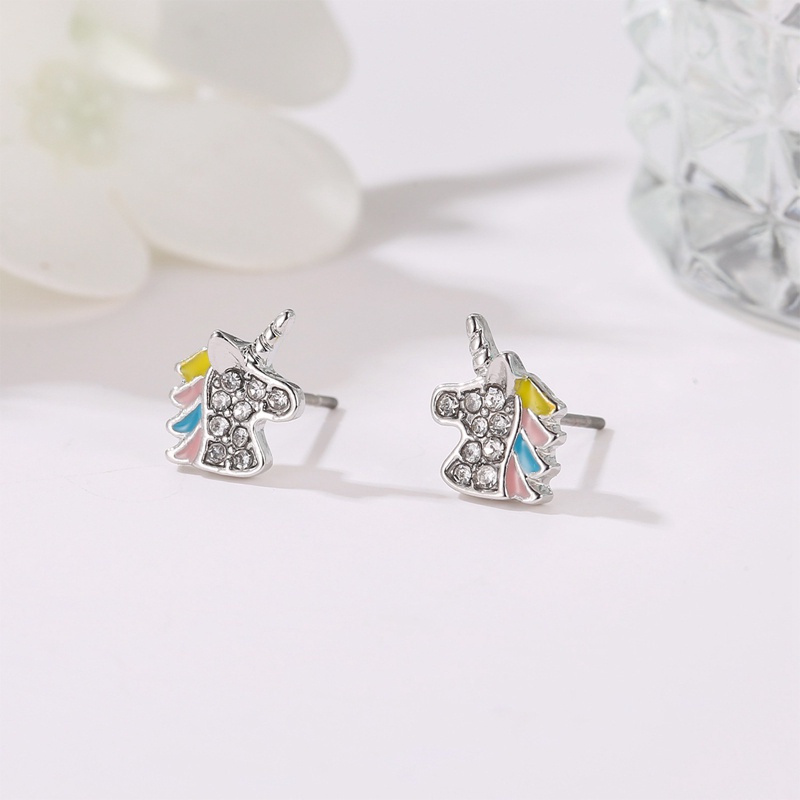 Fancyqube Anting Stud Enamel Kristal Bentuk Hewan Unicorn Warna Silver Untuk Wanita