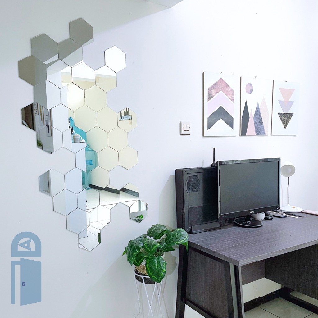Kaca Cermin Dinding Hexagon/Segi 6 (Cermin Asli)/cermin dinding hexagonal / cermin dinding aesthetic-1