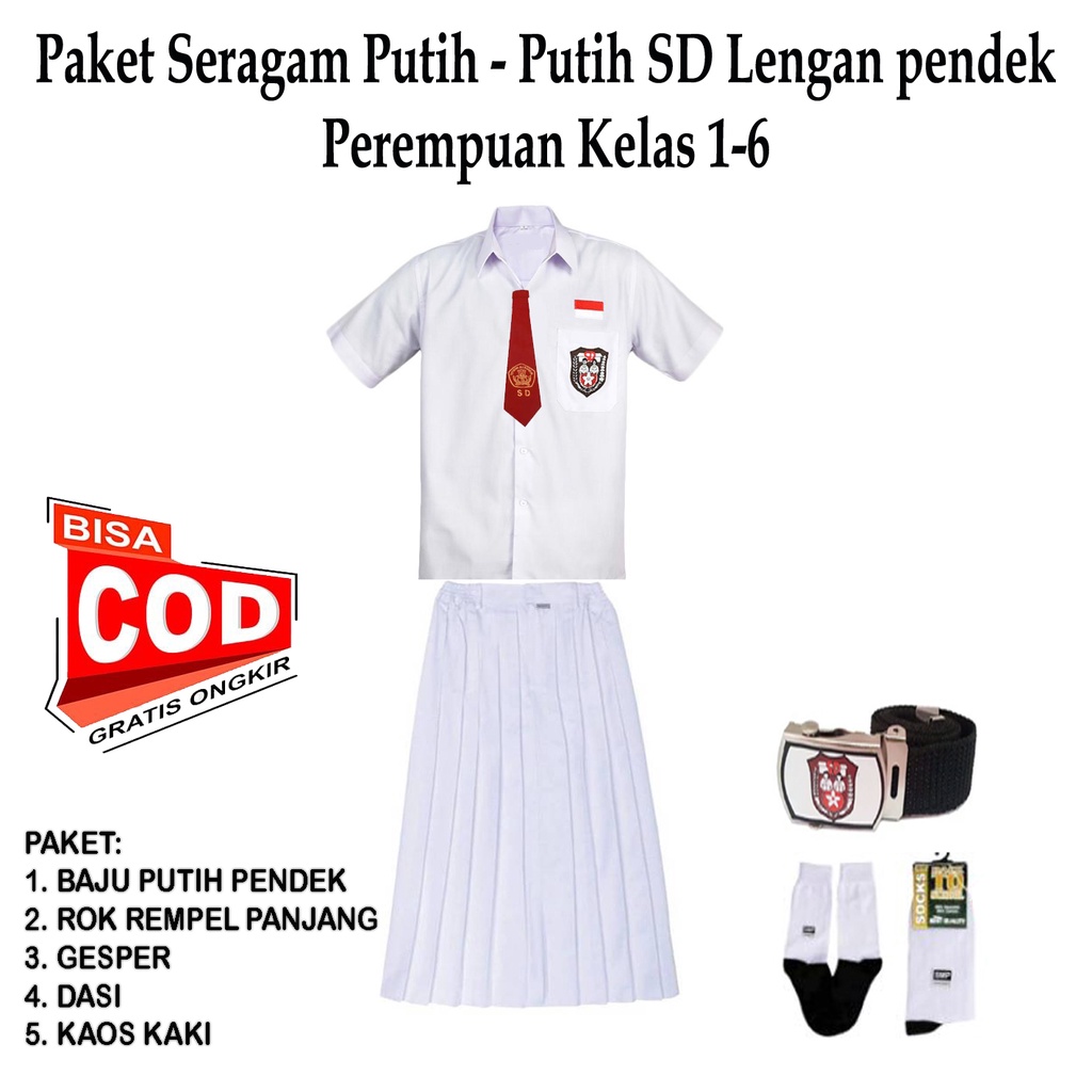 paket setelan seragam SD perempuan putih-putih lengan pendek dan rok panjang kelas 1-6 sd