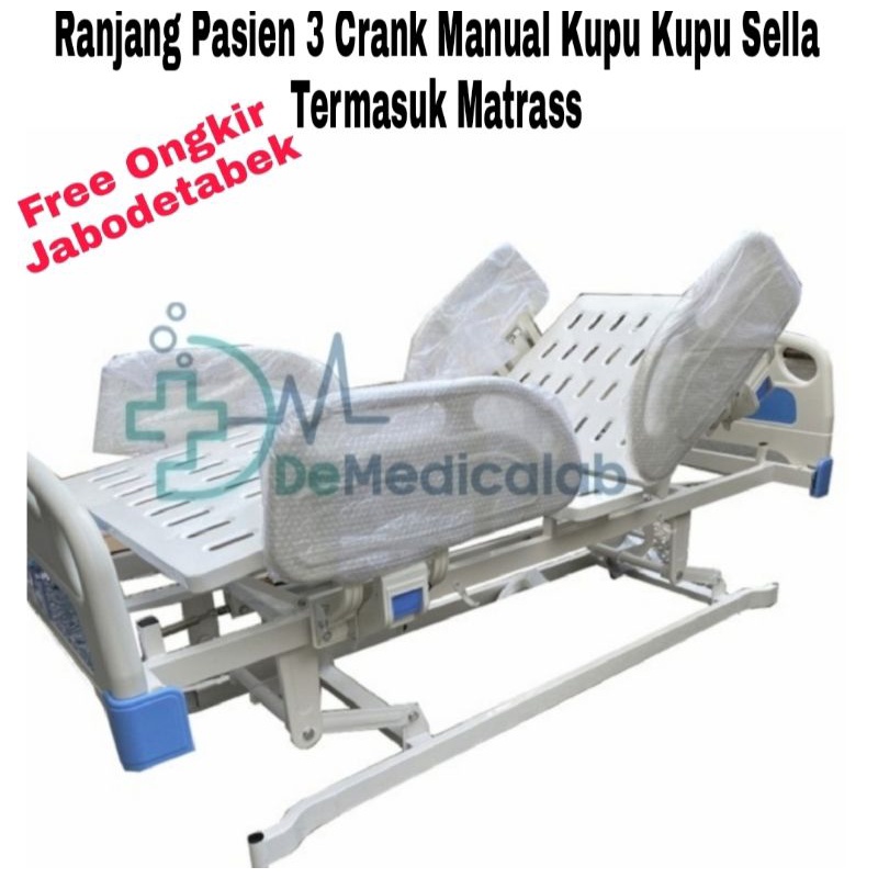 Ranjang Pasien Hospital Bed 3 Crank Manual Kupu Kupu Sella Termasuk Matrass