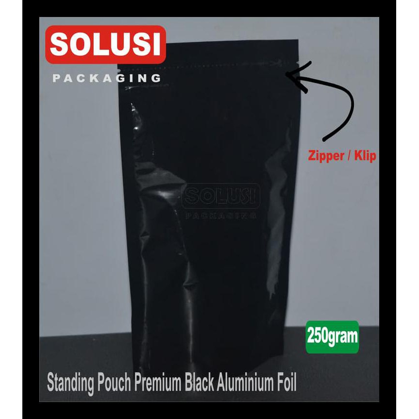STAND POUCH FULL FOIL PREMIUM BLACK ZIPPER A 250 GR/KEMASAN KOPI BERKUALITAS