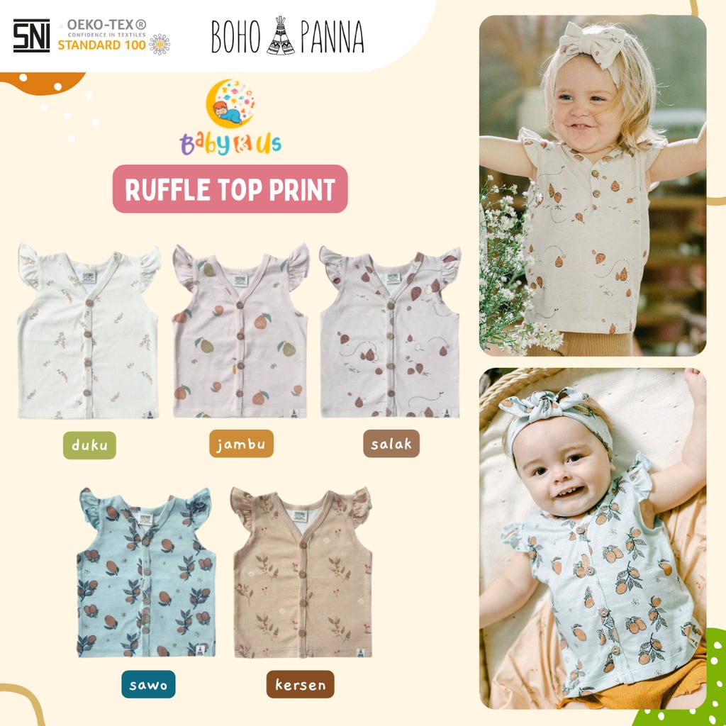 Bohopanna Ruffle Top Print  - Atasan Renda Anak Perempuan 0-6, 6-12 bulan, 1, 2 tahun Boho Baby Bohobaby