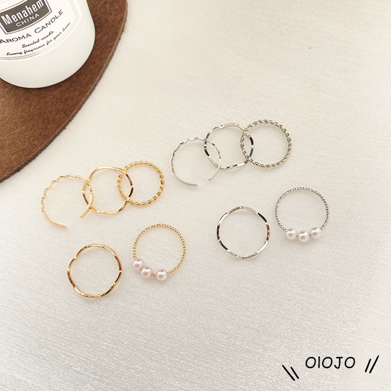 【COD】5pcs / Set Cincin Mutiara Geometris Gaya Korea Untuk Aksesoris Wanita