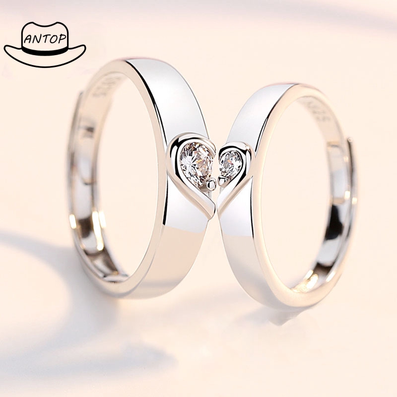 2 Pcs 925 Silver Cincin Berlian Mode Pasangan Wanita Perhiasan Cincin Ring B1 Antop