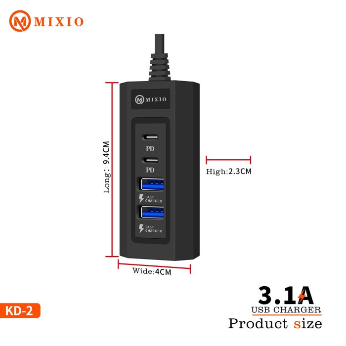 MIXIO KD-12 - Power Socket USB Charger 3.1A 2PD + 2USB / 100CM