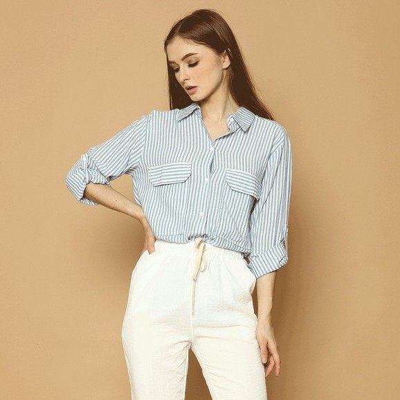 Cammomile 2101016 SF1093 Kemeja Lengan panjang wanita salur-2