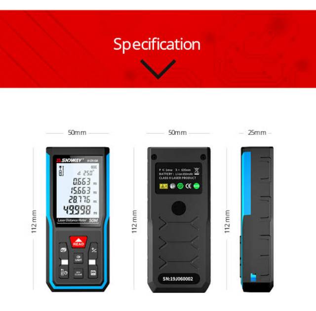 SNDWAY Laser Distance Meter 50/100/120M HD510A HD100A HD120A Rechager Li-ion Battery Pengukur Jarak