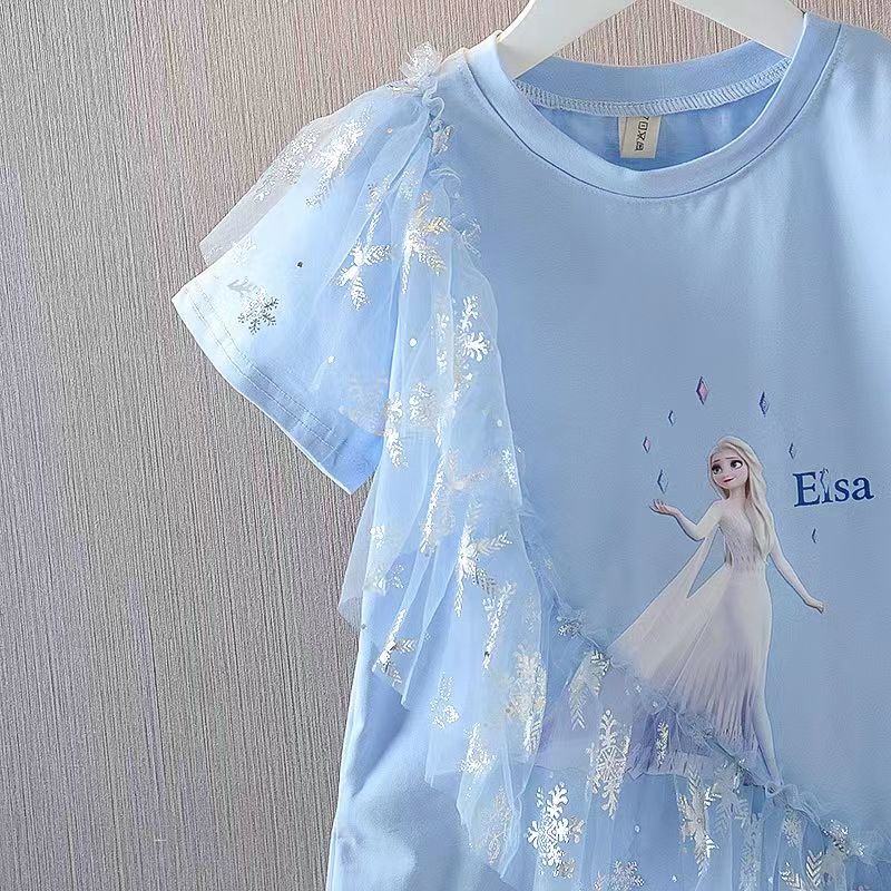 [PRINCESS KESLI] SIZE(90-140)Dress Anak Perempuan Elsa Lengan Pendek T-Shirt Dress/1-9 Tahun Baju Kaos anak cewek