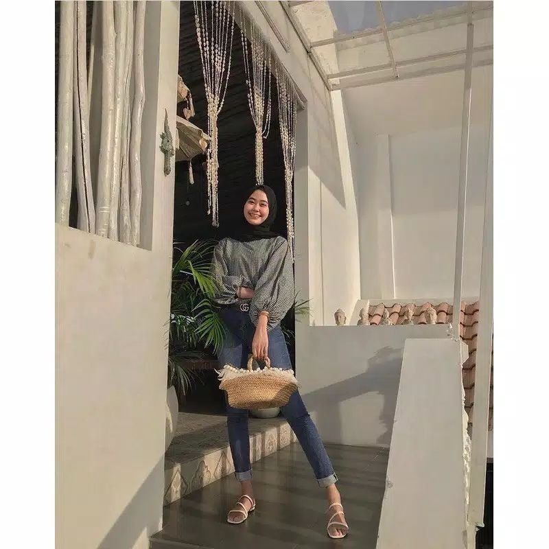 BLOUSE LENGAN BALON SUNRISE MOTIF KOTAK-KOTAK