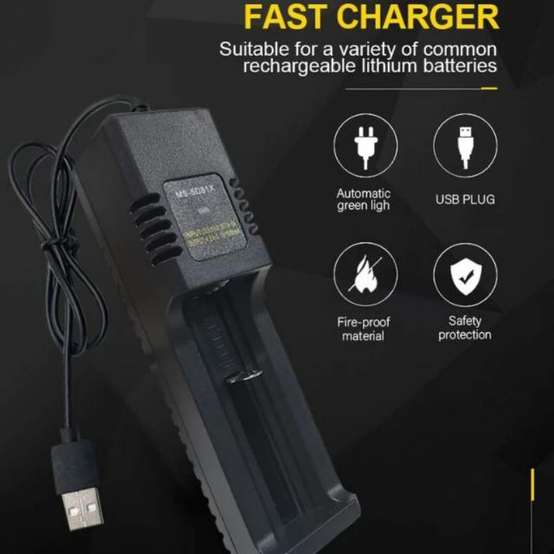 Charger Baterai Universal 2 slot dan Kabel USB 1 slot Cas Semua Jenis Baterai 18650