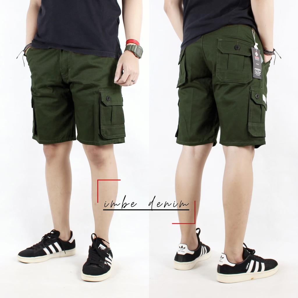 Cargo pendek pria - Pdl pendek pria - Celana cargo banyak saku buat naik gunung warna Hijau army