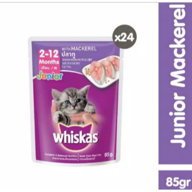 pouch whiskas junior tuna/mackerel (saset) 24 pcs - makanan basah saset