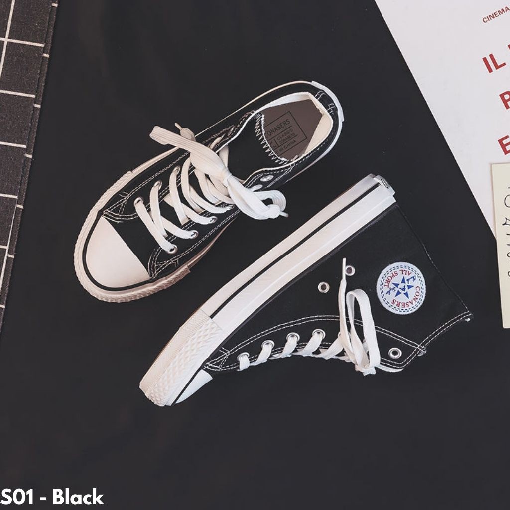 SEPATU WANITA RETRO CLASSIC CANVAS SNEAKERS CASUAL IMPORT HIGH TOP KERJA KULIAH SEKOLAH HITAM S01