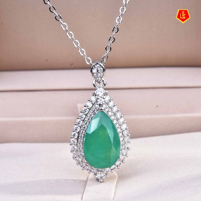 [Ready Stock]Luxury Emerald Pendant Necklace Ear Stud Set