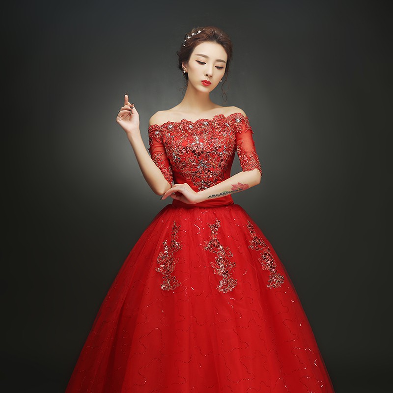 Merah Off Shoulder Renda wanita gaun pengantin Maxi Ball gaun pesta pernikahan