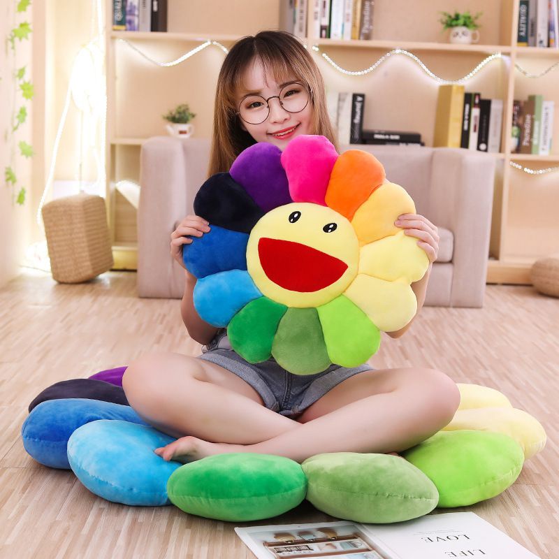 Cute Rainbow Flower Pillow Kawaii Plushie Smile Face Stuffed Plush Toy Girl Gift