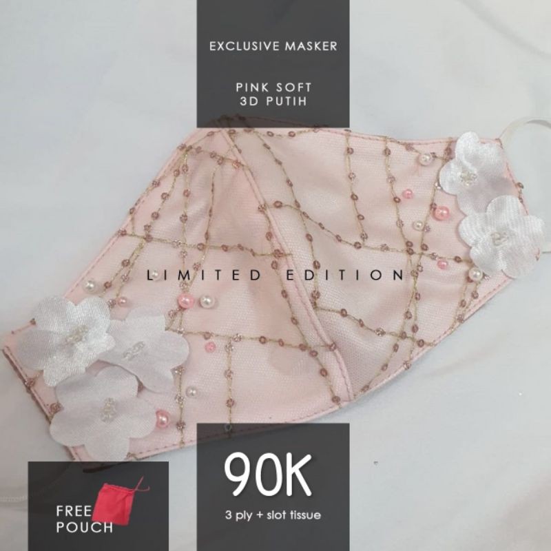 PINK SOFT 3D PUTIH.. Masker Kain Brukat Premium.. Masker Fashion/Pesta/Wedding