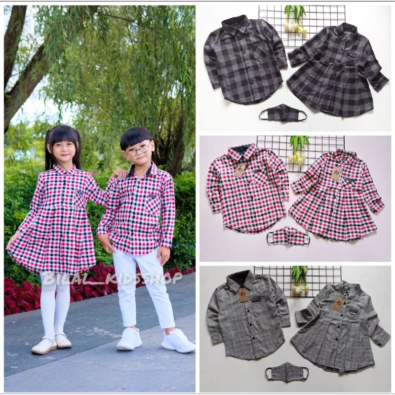 KEMEJA DAN DRESS COUPLE ANAK/BAJU COUPLE ANAK 1-12th ( FREE MASKER )