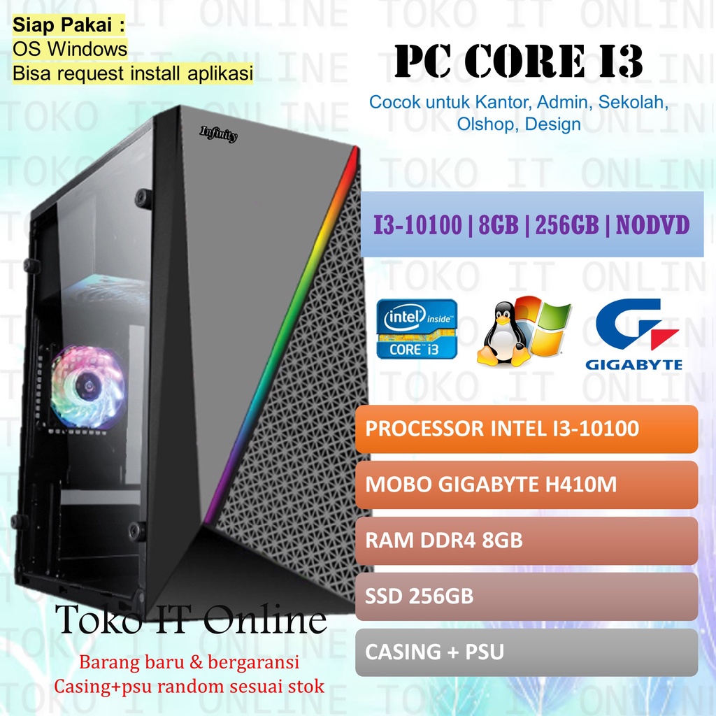 PC RAKITAN KOMPUTER CPU CORE I3-10100 RAM 8GB SSD 256GB - NO DVD