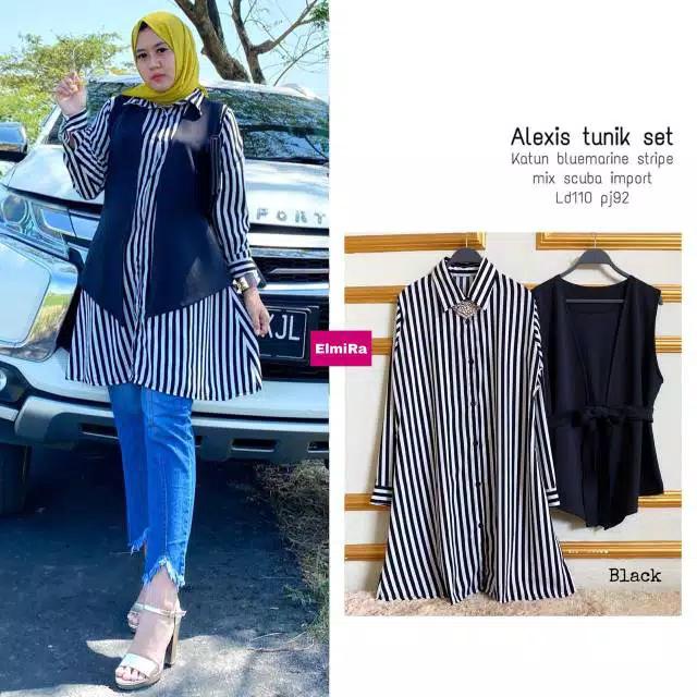 SET TUNIK ATASAN WANITA DEWASA || TUNIK SETELAN KEKINIAN MOTIF POLOS GARIS GARIS || ALEXIS SET TUNIK
