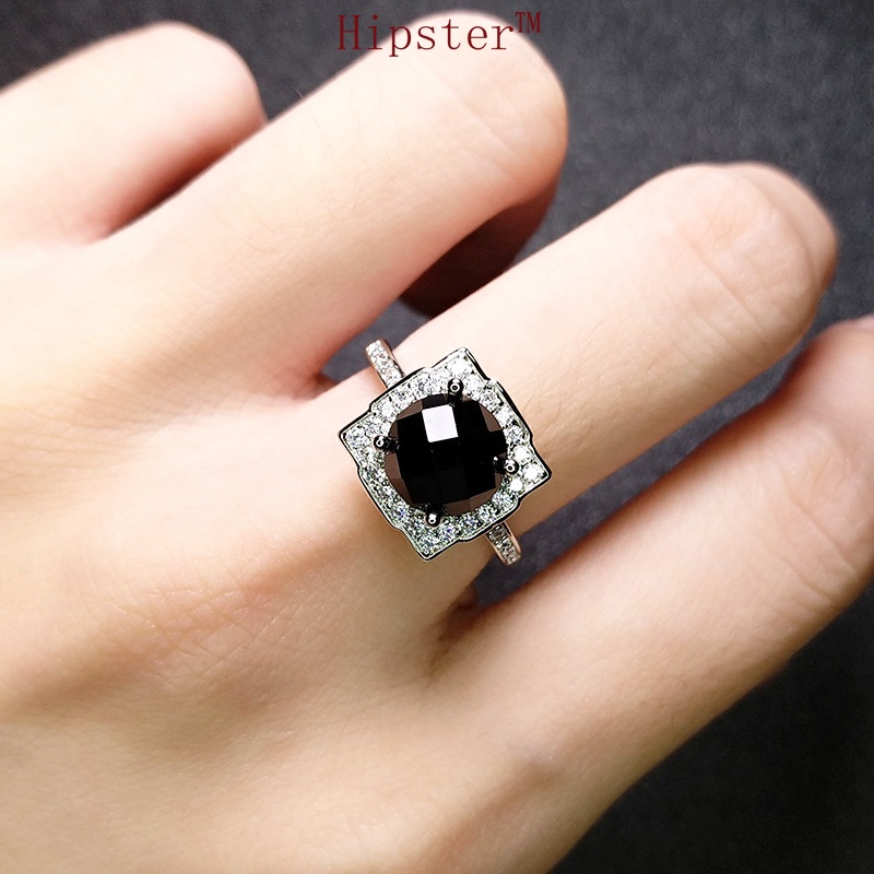 Popular European and American Goths Style Creative Inlaid Square Black Agate Ring