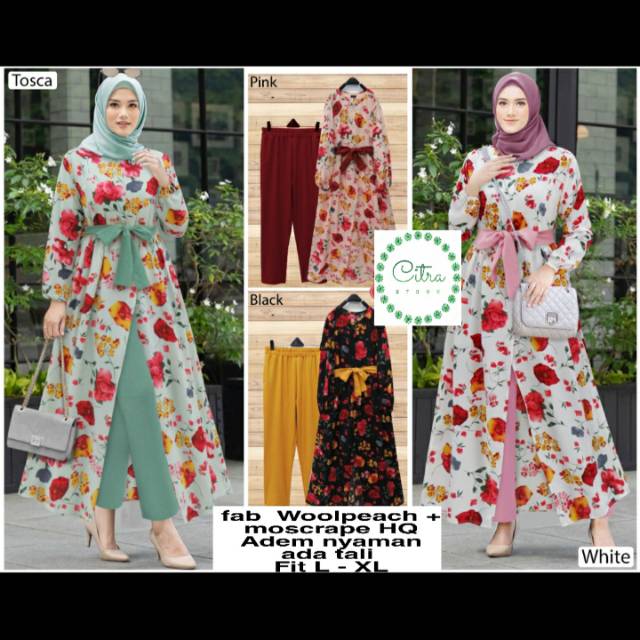 Setelan long tunik murah. Long tunik set motif bunga