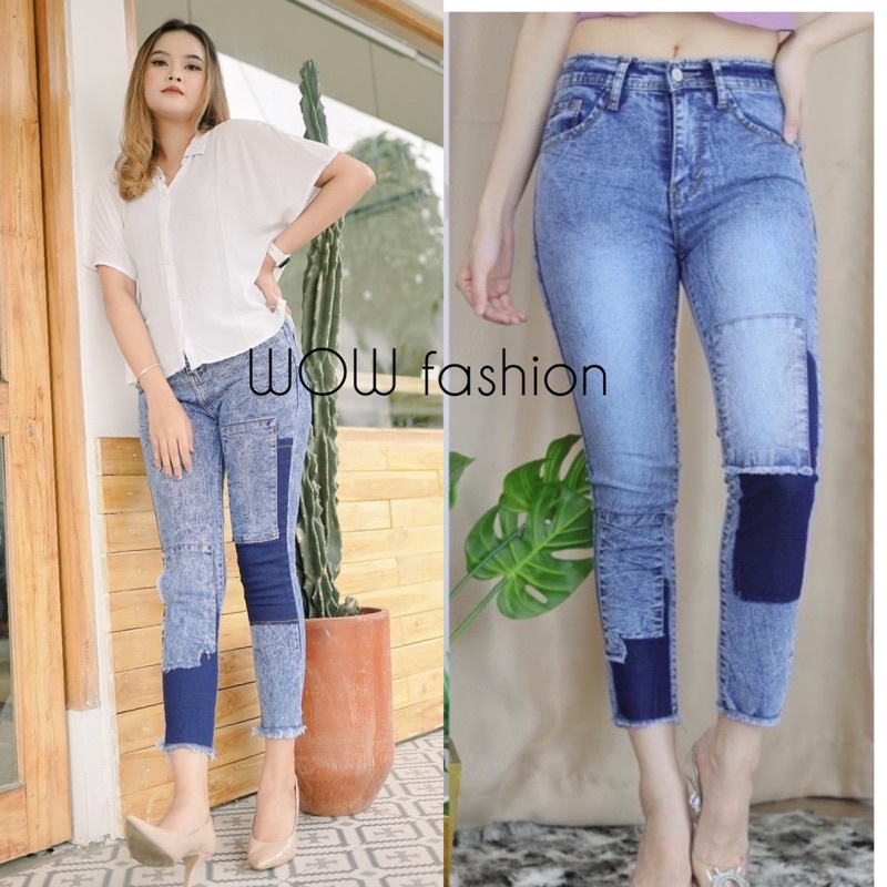 WOW-Mulan Celana Jeans  Highwaist Celana Jeans 7/9//Celana Wanita// Celana Kombinasi Wanita