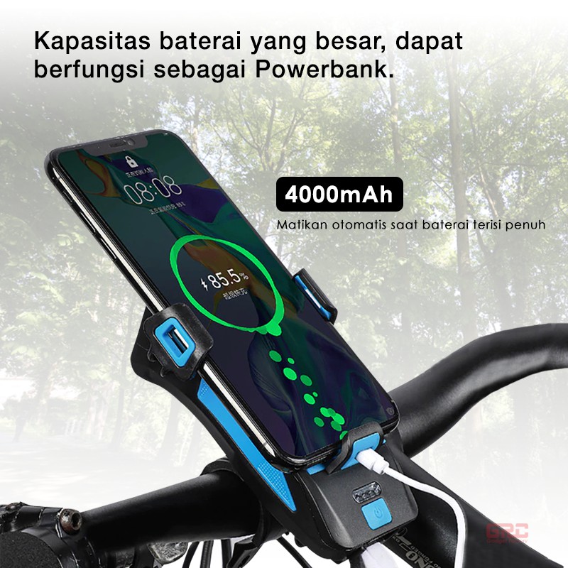 Lampu Sepeda Depan 4 in 1 Phone Bracket Light Bike Bell Power Bank