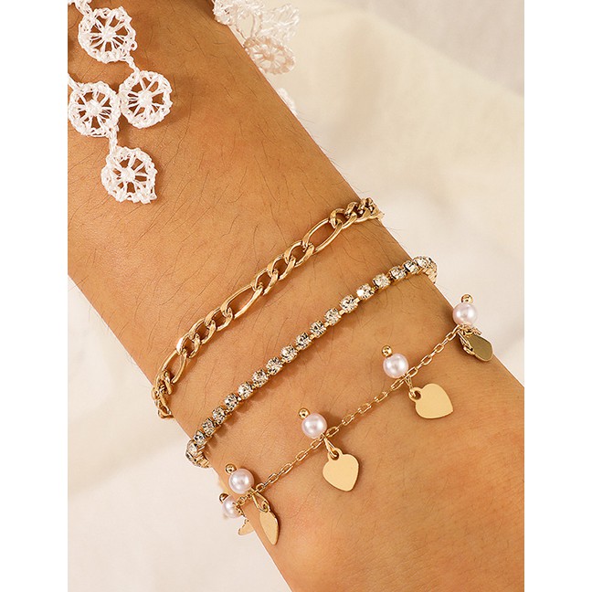 LRC Gelang Tangan Fashion Golden Water Wave Chain Sequined Pearl Love Bracelet Set P06572