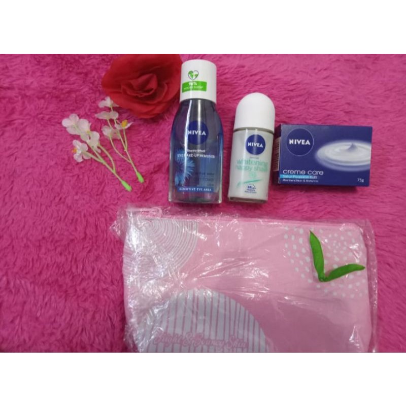 HARGA PROMO PAKET NIVEA EYE REMOVER MAKEUP,DEODORANT SERTA SABUN BATANG CREME CARE FREE POUCH
